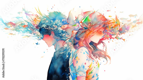 Vibrant Rainbow Colored Watercolor Painting, Young Couple in an Anime Style, Chaotic Paint Splatter, Generative AI photo