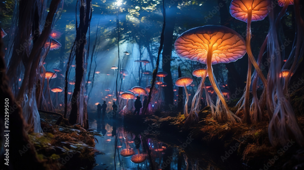 Naklejka premium magical mashrooms in the forest. Generative Ai