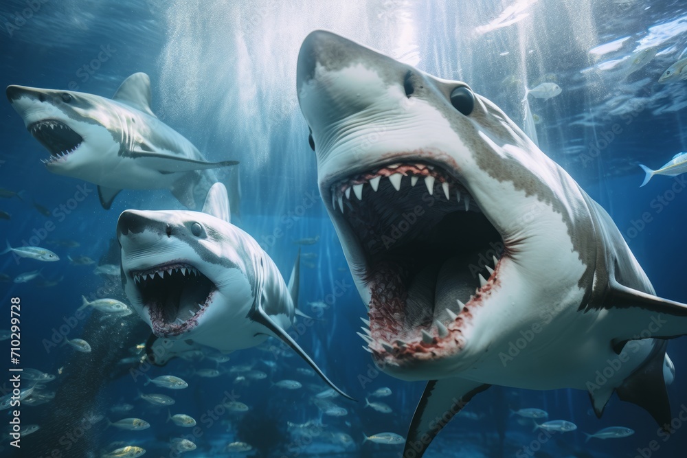 Fototapeta premium Great white sharks underwater with open jaws, showcasing sharp teeth in a blue oceanic background.