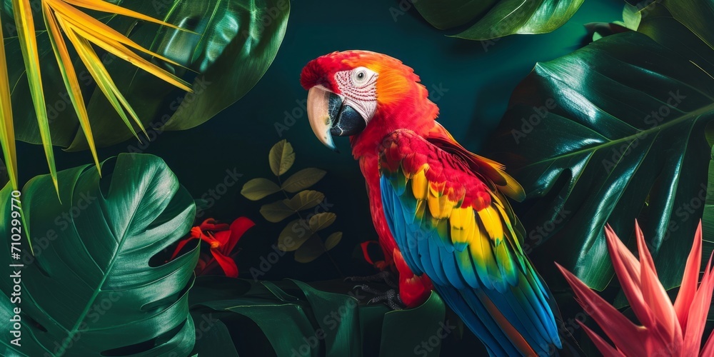Fototapeta premium Scarlet macaw perched amid tropical foliage, showcasing brilliant plumage in a lush rainforest setting