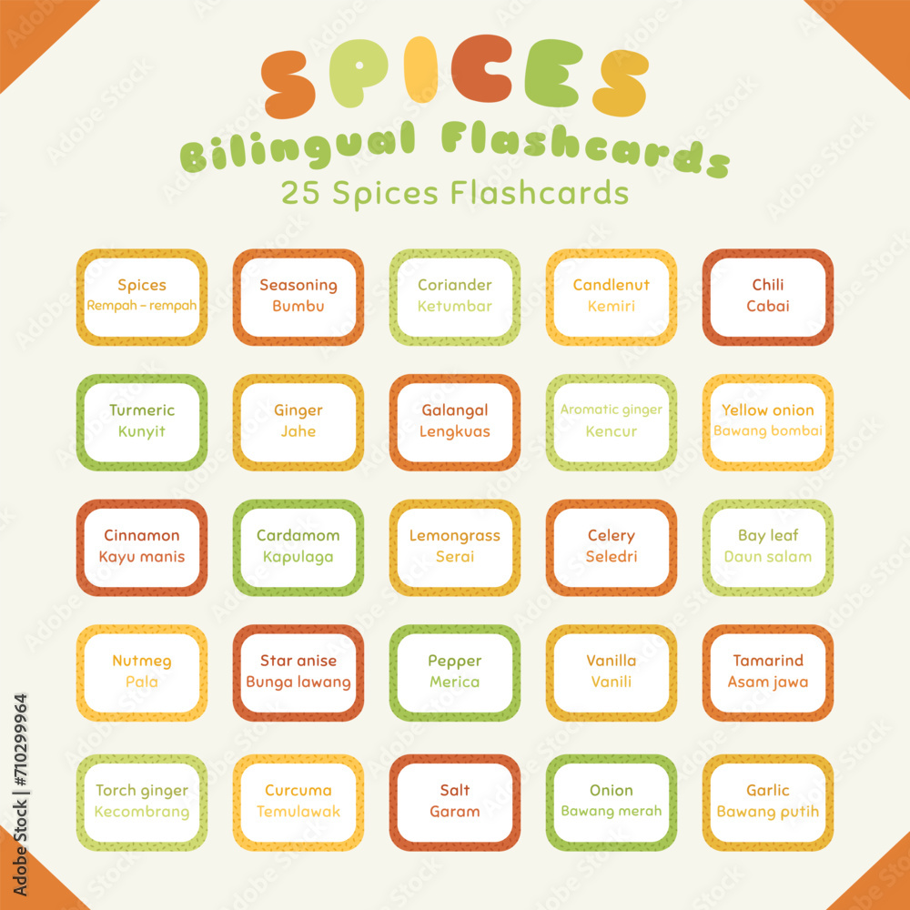 Spices bilingual colorful flashcard vector set. Printable spices flashcard for kids. English Indonesian language.