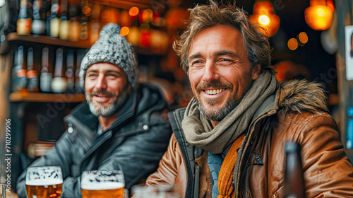 Portrait of two men drinking beer and having fun in a pub