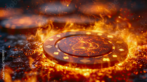 Casino chips on fire background. Close-up of casino chips