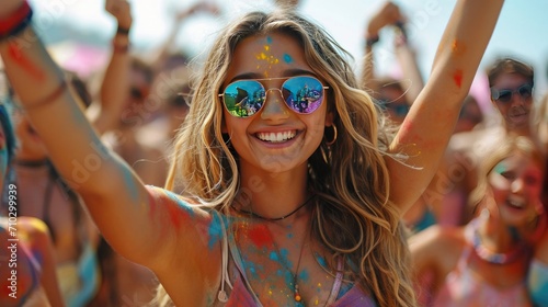 Image of joyful young woman in sunglasses having fun at music festival