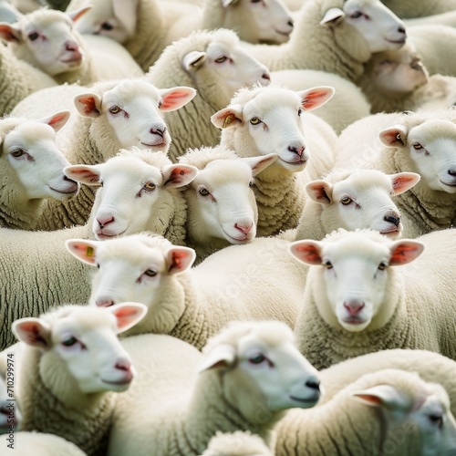 Cluster of sheep tightly grouped together, creating a repetitive pattern of woolly textures and calm faces