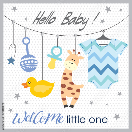 baby shower card with hanging clothe, giraffe, duck ad decorations