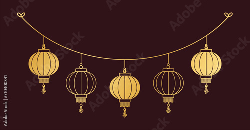 Gold Chinese Lantern Hanging Garland Silhouette, Lunar New Year and Mid-Autumn Festival Decoration Graphic