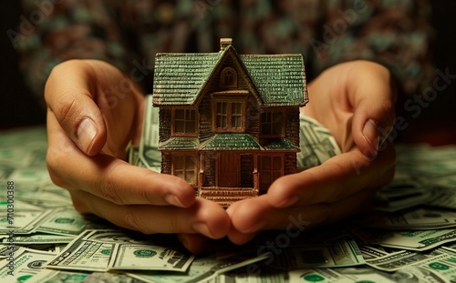 Pointing Hand with Coins and House Model on Table 