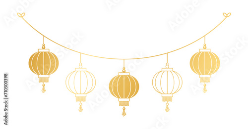 Gold Chinese Lantern Hanging Garland Silhouette, Lunar New Year and Mid-Autumn Festival Decoration Graphic