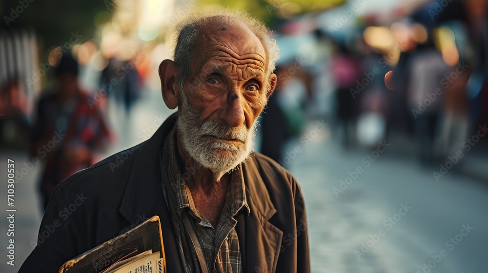 Elderly Poor Man Holding a Newspaper Walking on a Bustling City Street in Late Afternoon