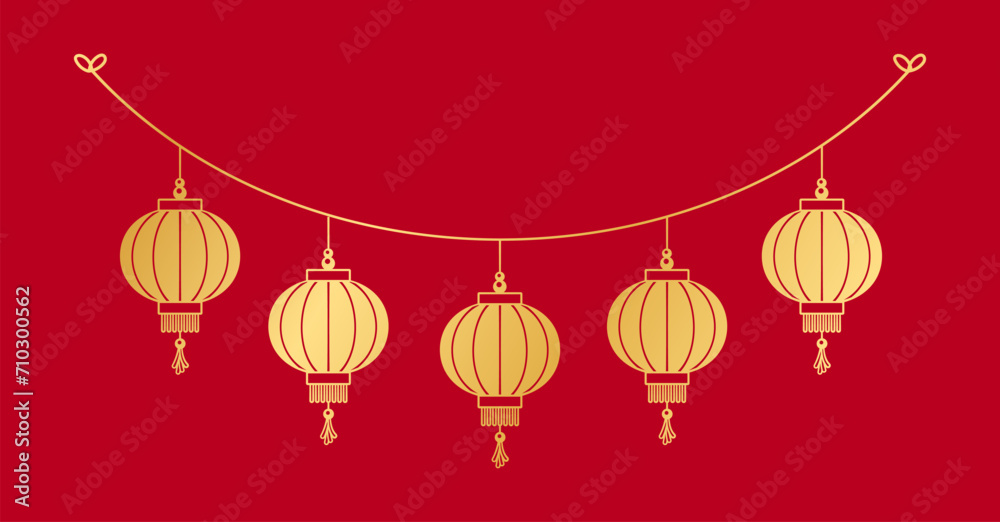 Gold Chinese Lantern Hanging Garland Silhouette, Lunar New Year and Mid-Autumn Festival Decoration Graphic