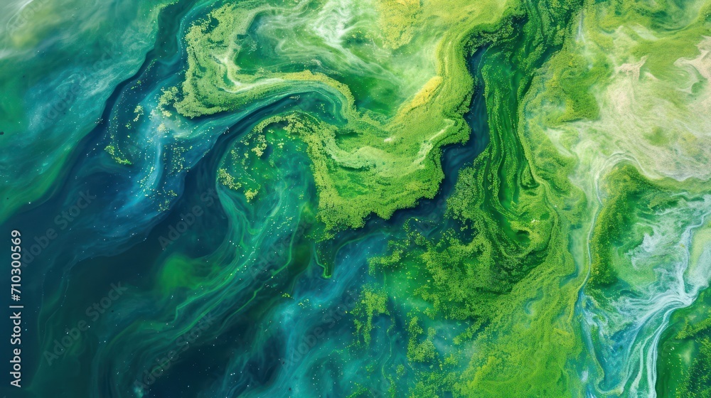 Aerial view of a massive bloom of algae in a lake, fluid, organic pattern with vibrant greens and blues - obrazy, fototapety, plakaty 