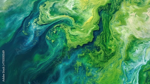 Aerial view of a massive bloom of algae in a lake, fluid, organic pattern with vibrant greens and blues photo