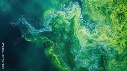 Aerial view of a massive bloom of algae in a lake, fluid, organic pattern with vibrant greens and blues