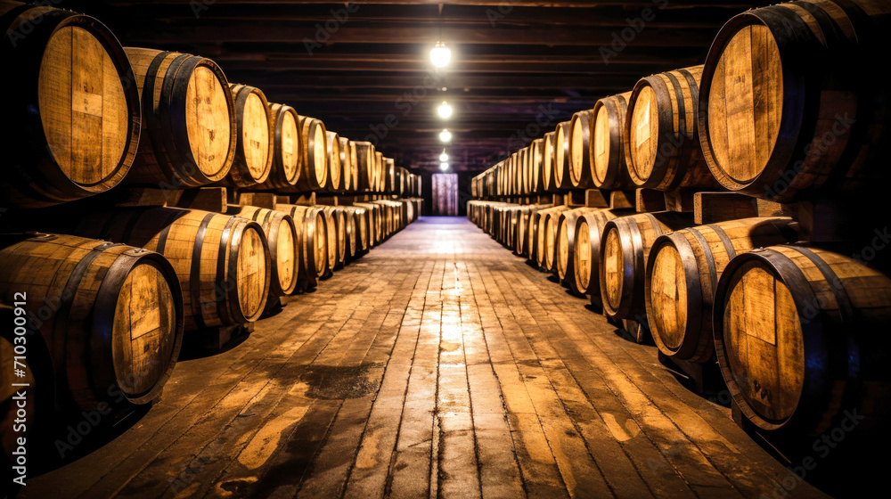 Barrels for wine or cognac in the basement of a winery, wooden barrels for wine in perspective. wine cellars. antique oak barrels with craft beer or brandy
