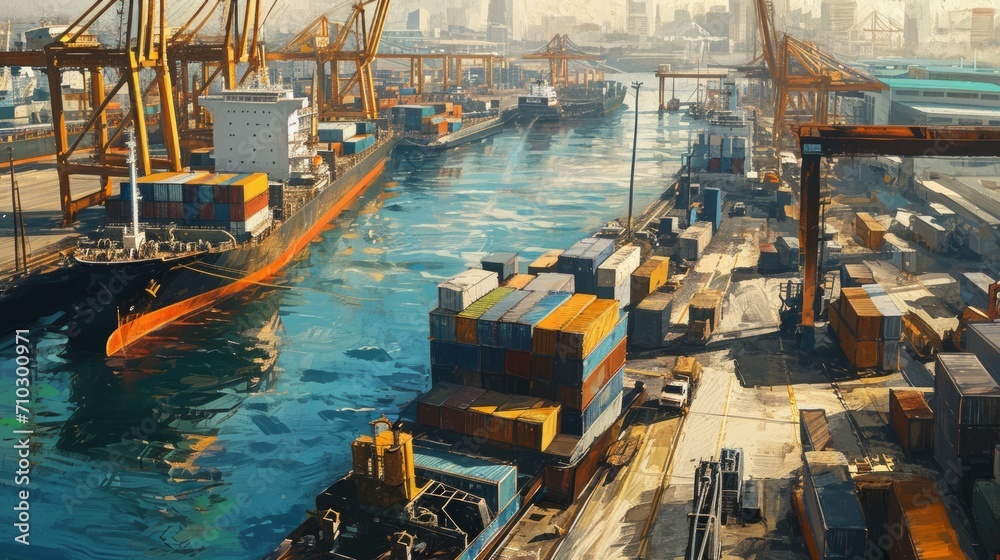Detailed view of a bustling seaport, cargo ships, containers, loading activity, industrial atmosphere, realistic depiction Generative AI
