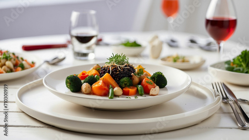 the elegance of vegetarian cuisine by photographing a well-balanced veg food plate on a clean  white wooden table in a restaurant