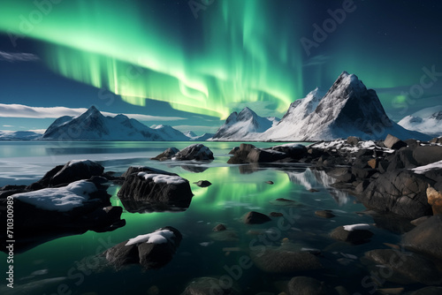 Northern Lights over Lofoten  Norway  wide-angle view rugged coastline winter night  green aurora borealis