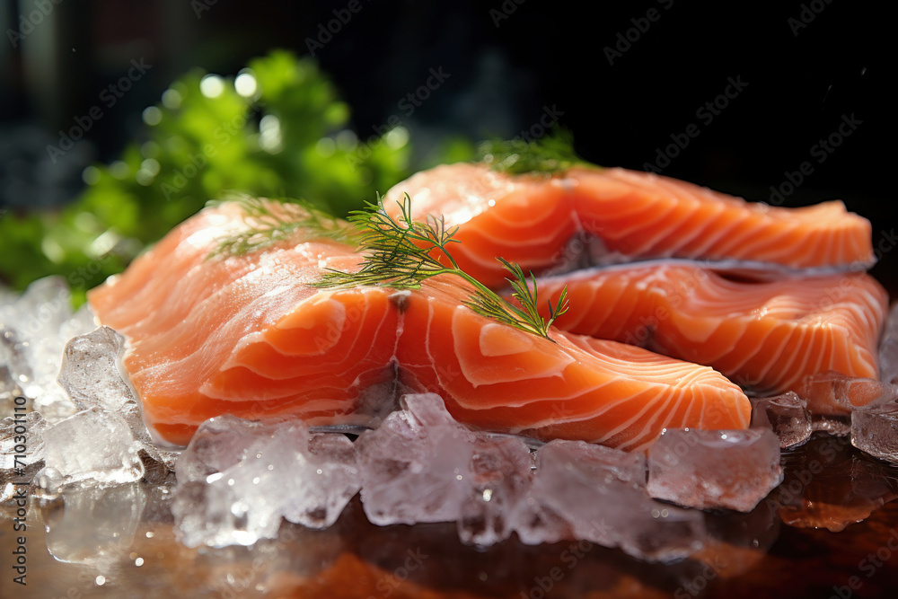Fresh salmon or trout fish fillet on ice, ready for cooking. Storing fresh chilled fish. Close-up.