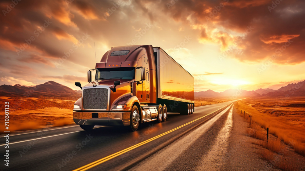 Classic large semi-trailer with a large hood and high roof, carrying commercial goods in a van semi-trailer, driving for delivery along a winding road at sunset.