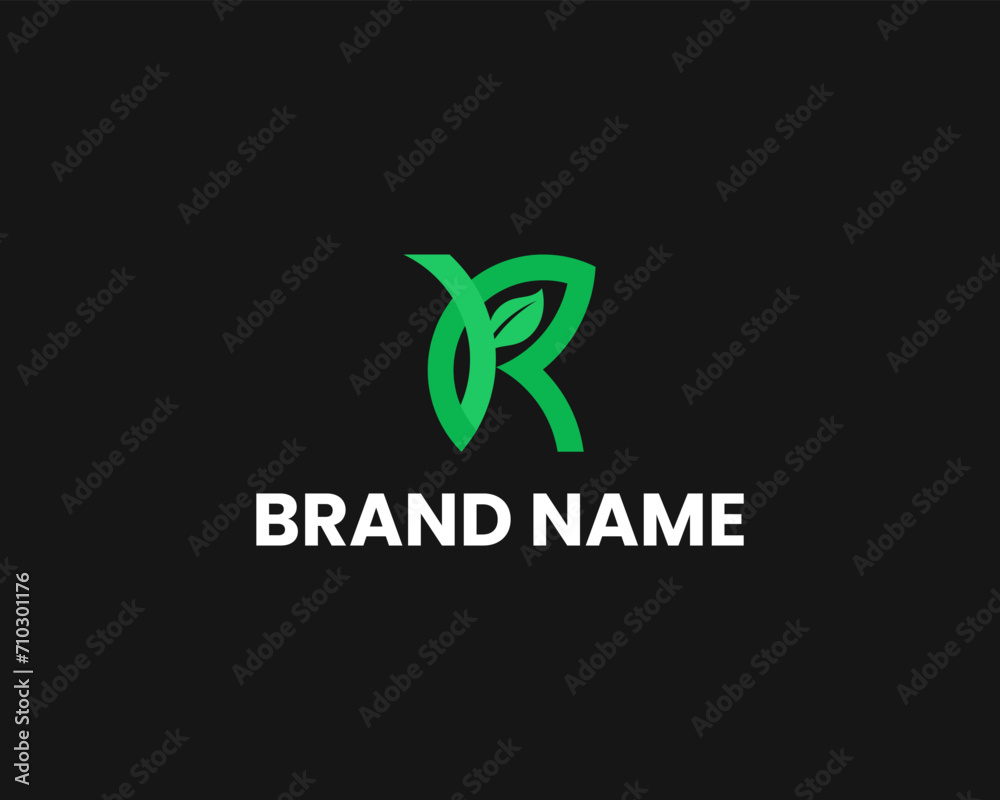 R with leaf sign elegant logo design template