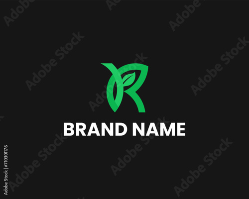 R with leaf sign elegant logo design template