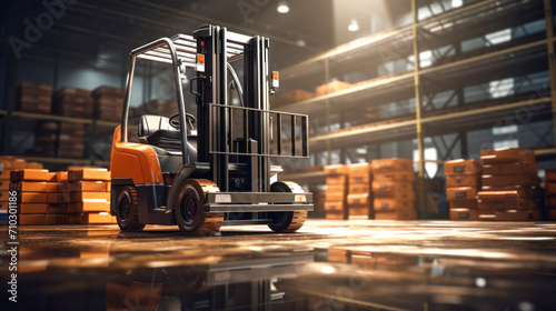 A modern forklift for working in a warehouse, loading, unloading and transporting goods. Logistics warehouse. photo