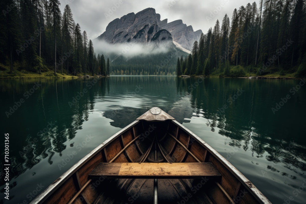 Obraz premium Wood boating on lake in the snowy mountain. Generate AI image