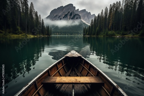 Wood boating on lake in the snowy mountain. Generate AI image photo