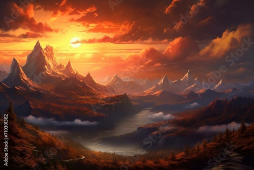 beautiful sunrise above stunning mountains. Generative AI