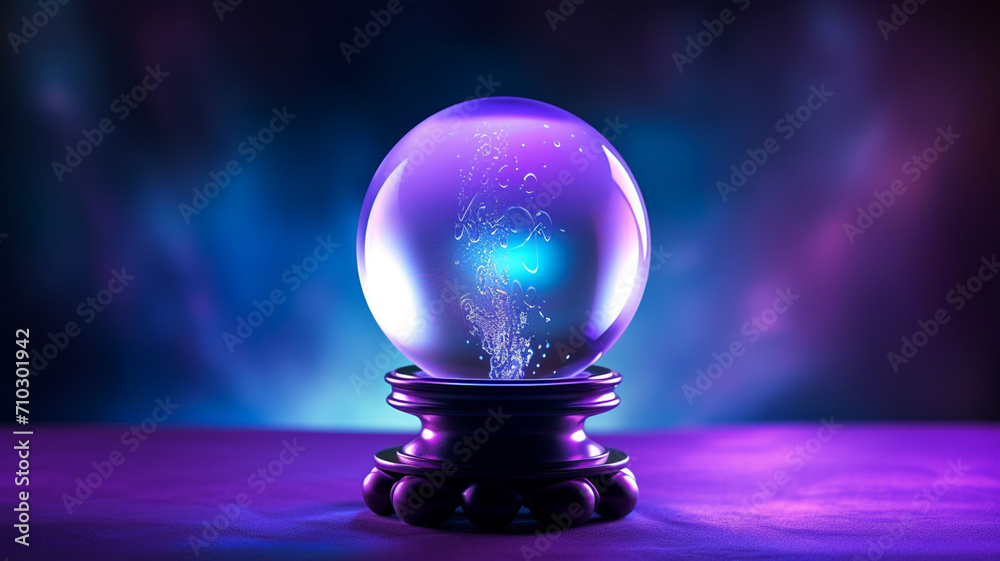 A crystal ball glowing with an inner light set against a mystic background - obrazy, fototapety, plakaty 