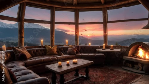 stream overlay loop animation. virtual backgrounds. live wallpapers. Cozy lounge with candles and fireplace & window sunrise scenery. vtuber streamer asset zoom OBS screen. chill lo-fi hip hop video