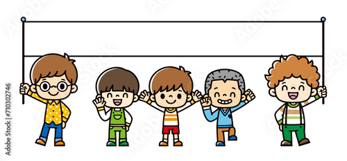 Clip art of boys cheerfully raising a flag