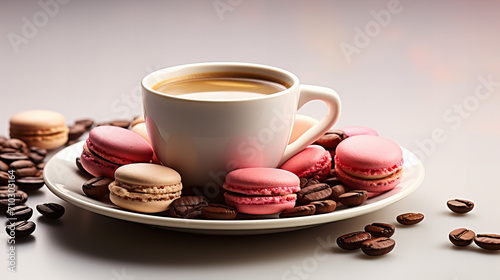 Coffee and Macarons Delight, inviting cup of coffee surrounded by colorful macarons and coffee beans on a simple backdrop.
