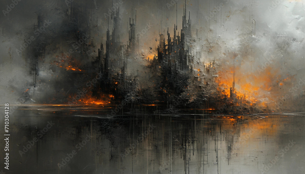 A Fiery Kingdom Reflected in a Lake Oil Painting
