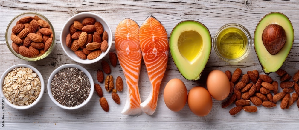 Omega 3 rich food options: almonds, pecans, walnuts, olive oil, fish oil, salmon, flax seeds, chia, eggs, and avocado.