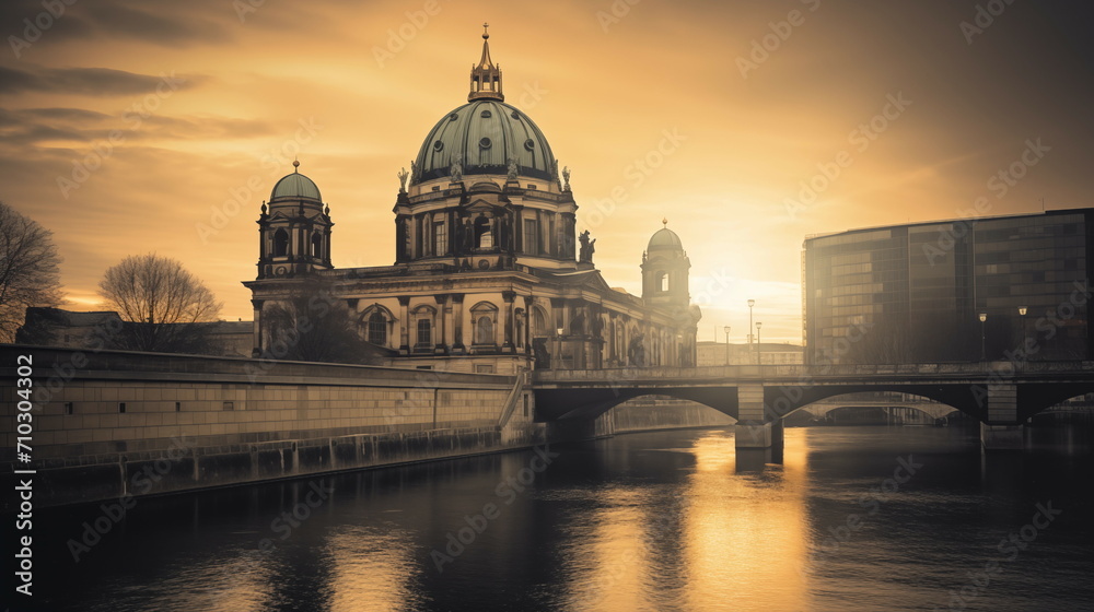 Obraz premium View of Berlin Cathedral by the canal, romantic landscape and art nouveau inspiration