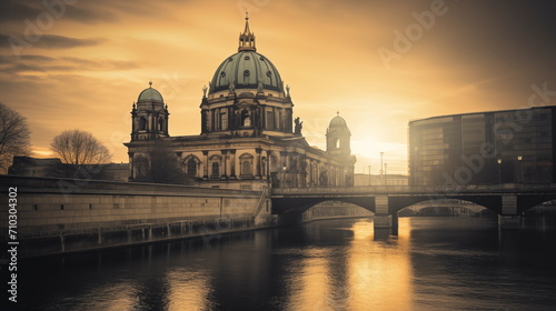View of Berlin Cathedral by the canal, romantic landscape and art nouveau inspiration