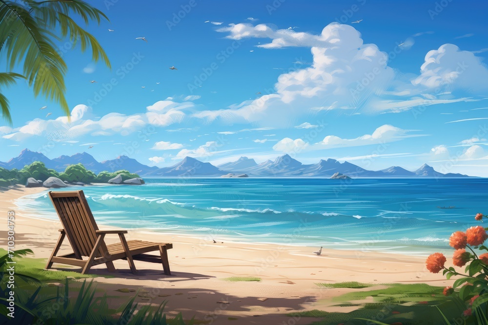 This peaceful painting depicts a serene beach with gentle waves, and a lone chair inviting relaxation, A tranquil beach scene during a sunny day, AI Generated