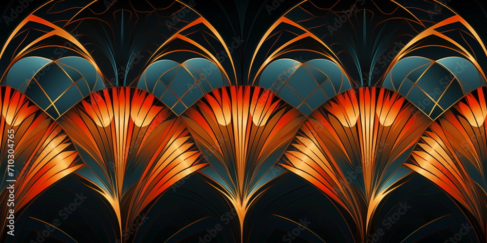 Flower pattern digital artwork in the style of art deco, geometric shapes, dark orange and dark cyan, luxurious drapery, colorful curves Flower pattern digital artwork in the style of art deco, geometric shapes, dark orange and dark cyan, luxurious drapery, colorful curves