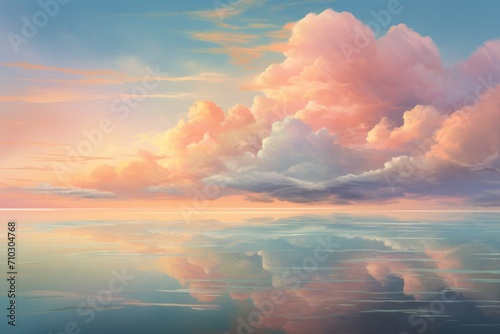 This painting captures a picturesque sky brimming with a variety of fluffy clouds, A tranquil depiction of soft, blending hues reminiscent of a sunset, AI Generated photo