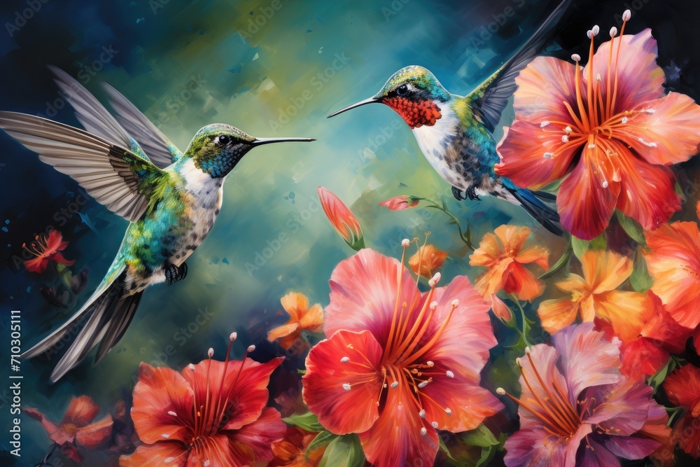 A stunning painting captures the exquisite beauty of two hummingbirds as they delicately feed on vibrant flowers, A trio of hummingbirds hovering over vibrant flowers, AI Generated