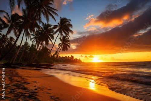 Stunning Sunset on Tropical Beach With Palm Trees Creates Tranquil Ambiance, A tropical beach at sunset with palms casting long shadows, AI Generated