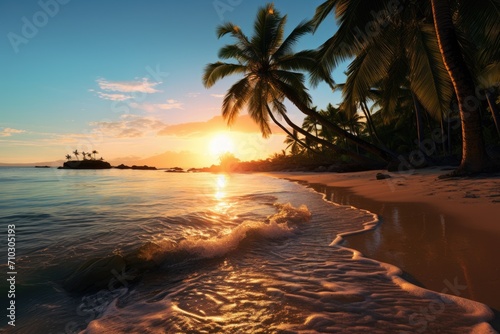 Witness a peaceful and captivating scene as the sun sets on a tropical beach  casting an ethereal glow over the serene waters  A tropical beach at sunset with palms casting long shadows  AI Generated