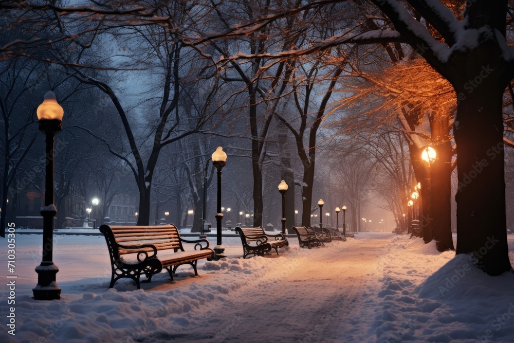 A serene row of park benches covered in snow, providing a peaceful spot in a winter landscape, A twilight scene of a city park blanketed in snow, AI Generated