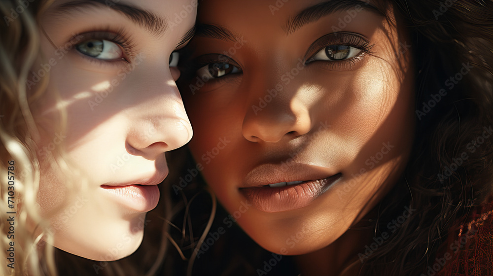 Intimate Portrait of Diverse Friends, close and personal portrait of two young women, one with light and the other with darker skin, their faces close together, highlighting their unity and diversity