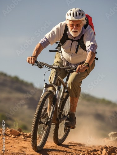senior riding a bike in the mountains