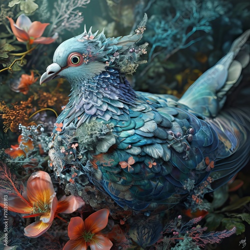 Blue Pigeon Amidst Blossoming Flowers and Lush Greenery, Digital Artwork Illustration