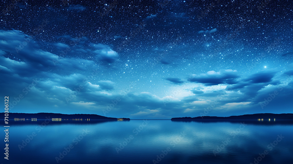 beautiful panorama blue night sky milky way and star on dark blue sky with reflection on sea