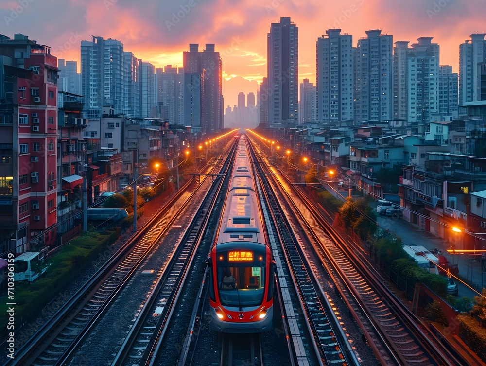 A train approaches through a vibrant cityscape at sunset, with its lights reflecting off the tracks, highlighting urban motion and transportation.